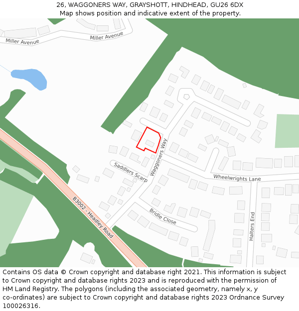 26, WAGGONERS WAY, GRAYSHOTT, HINDHEAD, GU26 6DX: Location map and indicative extent of plot
