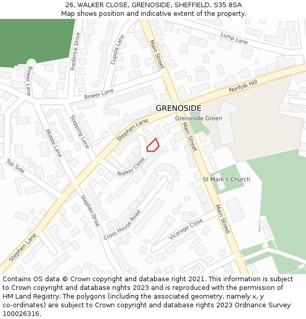 26, WALKER CLOSE, GRENOSIDE, SHEFFIELD, S35 8SA: Location map and indicative extent of plot