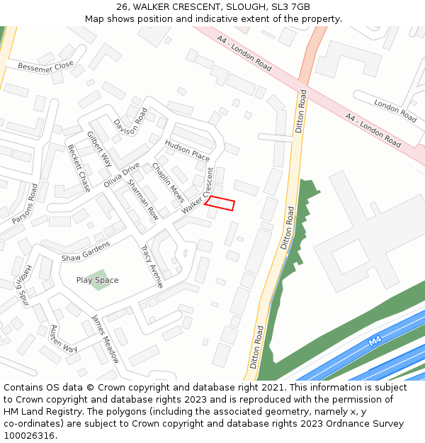 26, WALKER CRESCENT, SLOUGH, SL3 7GB: Location map and indicative extent of plot