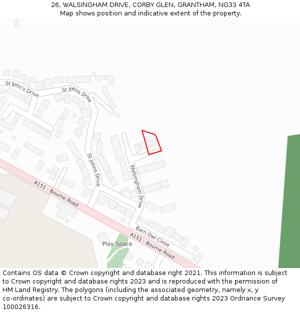 26, WALSINGHAM DRIVE, CORBY GLEN, GRANTHAM, NG33 4TA: Location map and indicative extent of plot