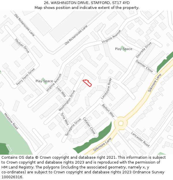 26, WASHINGTON DRIVE, STAFFORD, ST17 4YD: Location map and indicative extent of plot