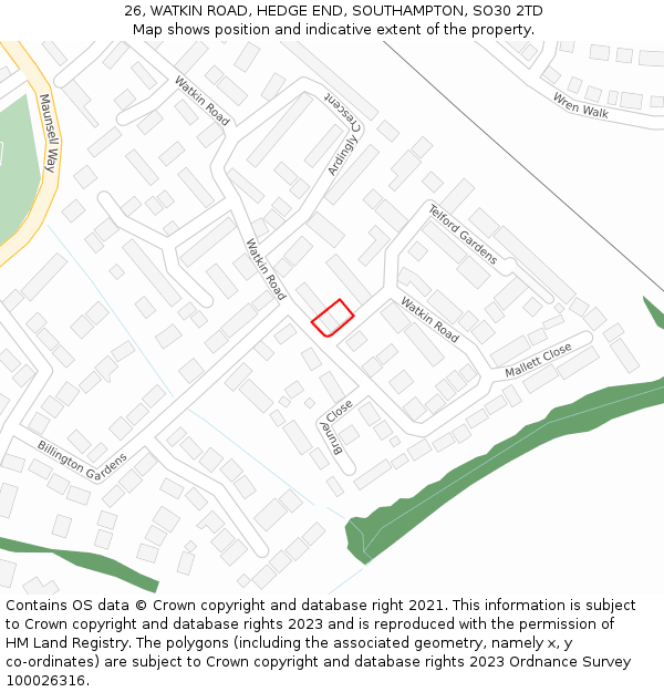 26, WATKIN ROAD, HEDGE END, SOUTHAMPTON, SO30 2TD: Location map and indicative extent of plot
