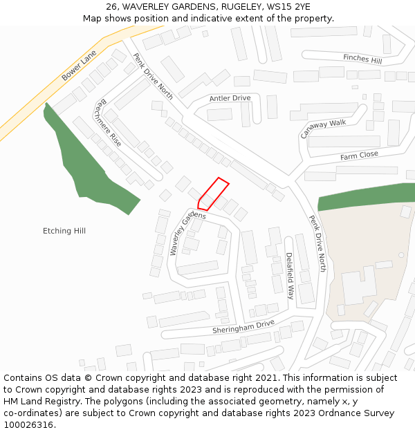 26, WAVERLEY GARDENS, RUGELEY, WS15 2YE: Location map and indicative extent of plot