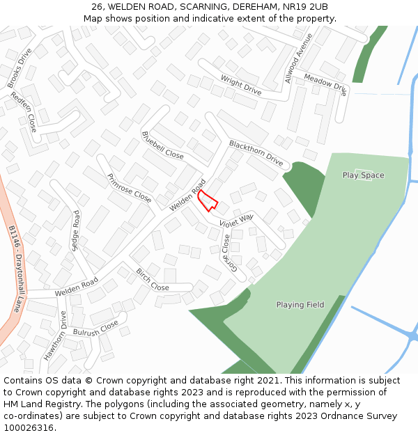 26, WELDEN ROAD, SCARNING, DEREHAM, NR19 2UB: Location map and indicative extent of plot