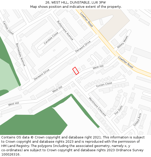 26, WEST HILL, DUNSTABLE, LU6 3PW: Location map and indicative extent of plot