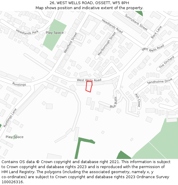 26, WEST WELLS ROAD, OSSETT, WF5 8PH: Location map and indicative extent of plot