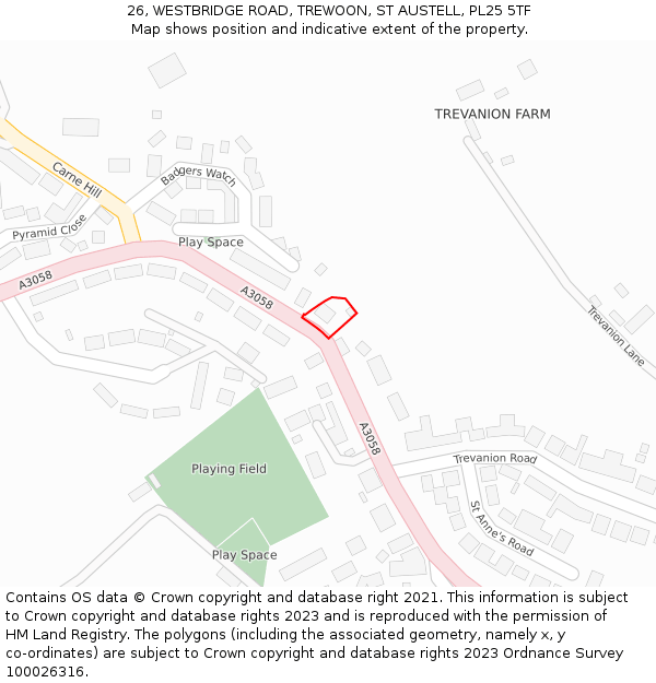 26, WESTBRIDGE ROAD, TREWOON, ST AUSTELL, PL25 5TF: Location map and indicative extent of plot
