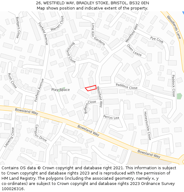 26, WESTFIELD WAY, BRADLEY STOKE, BRISTOL, BS32 0EN: Location map and indicative extent of plot