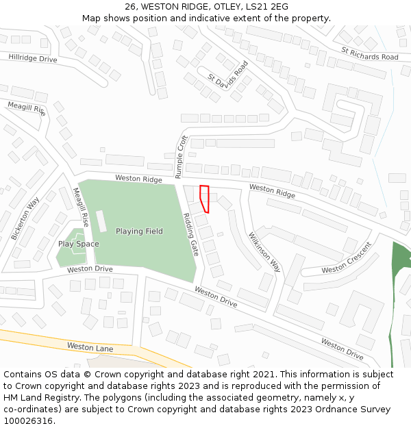 26, WESTON RIDGE, OTLEY, LS21 2EG: Location map and indicative extent of plot