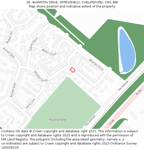 26, WHARTON DRIVE, SPRINGFIELD, CHELMSFORD, CM1 6BF: Location map and indicative extent of plot