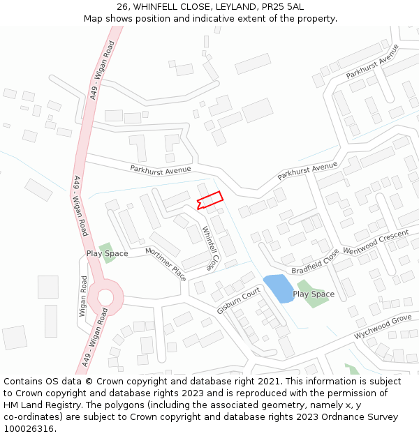 26, WHINFELL CLOSE, LEYLAND, PR25 5AL: Location map and indicative extent of plot