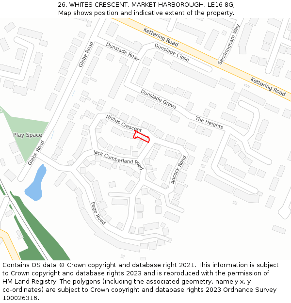 26, WHITES CRESCENT, MARKET HARBOROUGH, LE16 8GJ: Location map and indicative extent of plot