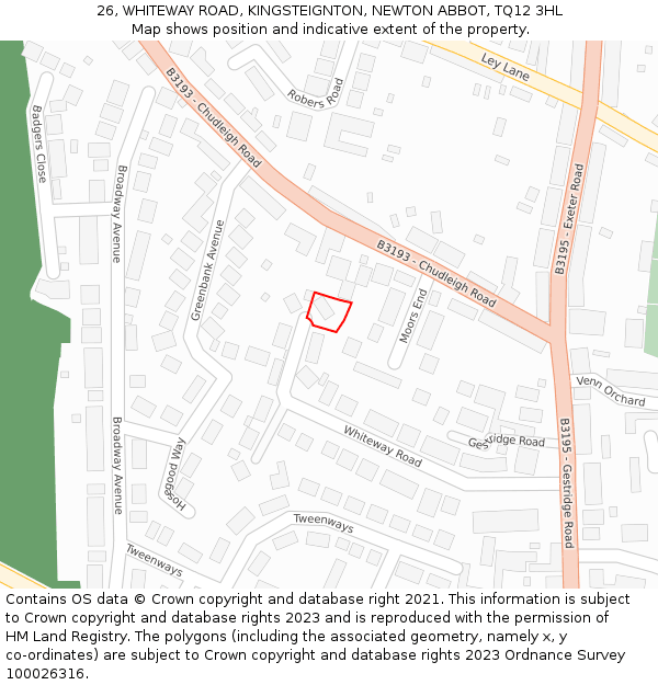 26, WHITEWAY ROAD, KINGSTEIGNTON, NEWTON ABBOT, TQ12 3HL: Location map and indicative extent of plot