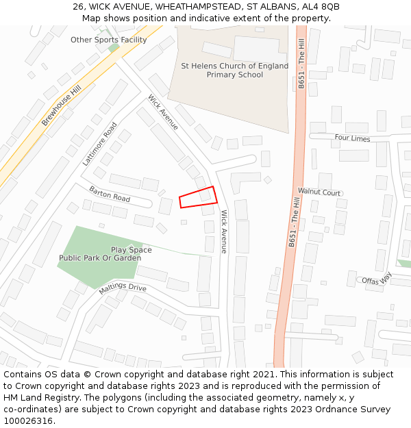 26, WICK AVENUE, WHEATHAMPSTEAD, ST ALBANS, AL4 8QB: Location map and indicative extent of plot
