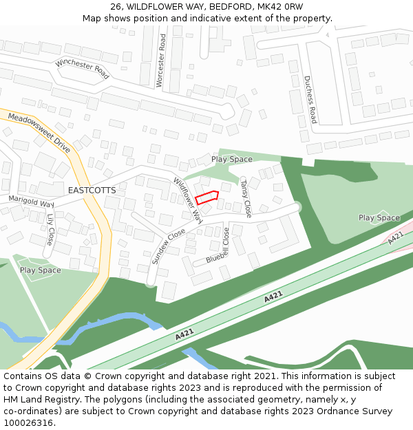 26, WILDFLOWER WAY, BEDFORD, MK42 0RW: Location map and indicative extent of plot