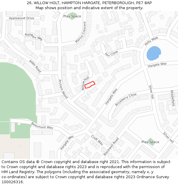 26, WILLOW HOLT, HAMPTON HARGATE, PETERBOROUGH, PE7 8AP: Location map and indicative extent of plot