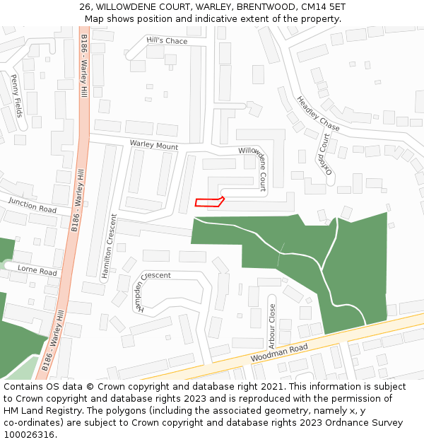 26, WILLOWDENE COURT, WARLEY, BRENTWOOD, CM14 5ET: Location map and indicative extent of plot