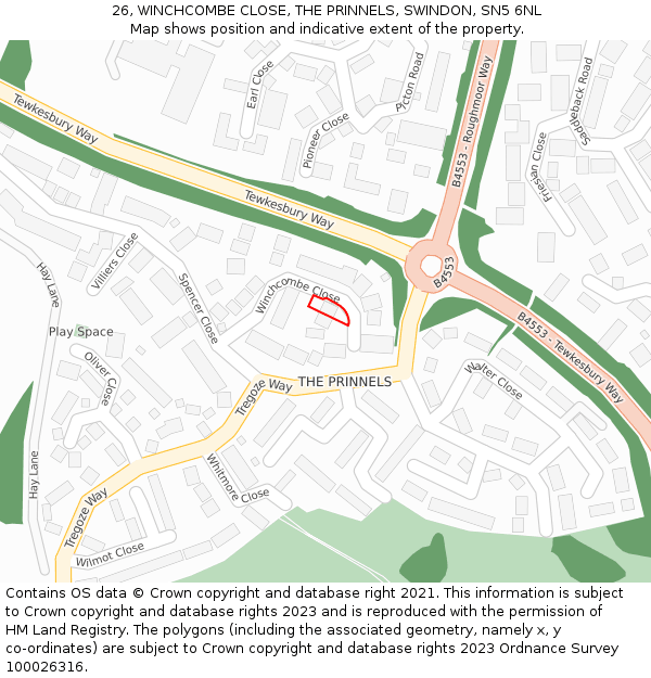 26, WINCHCOMBE CLOSE, THE PRINNELS, SWINDON, SN5 6NL: Location map and indicative extent of plot