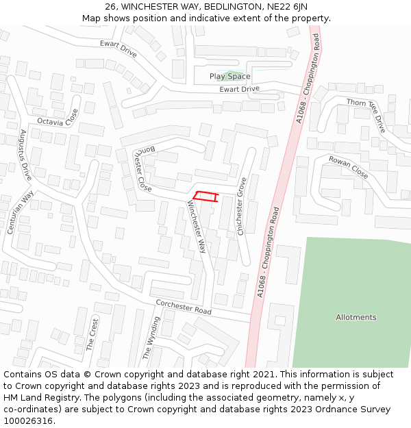 26, WINCHESTER WAY, BEDLINGTON, NE22 6JN: Location map and indicative extent of plot
