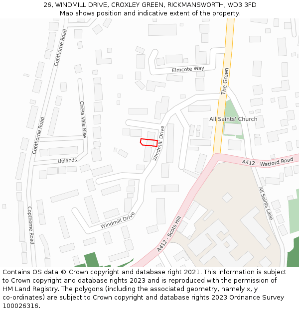26, WINDMILL DRIVE, CROXLEY GREEN, RICKMANSWORTH, WD3 3FD: Location map and indicative extent of plot