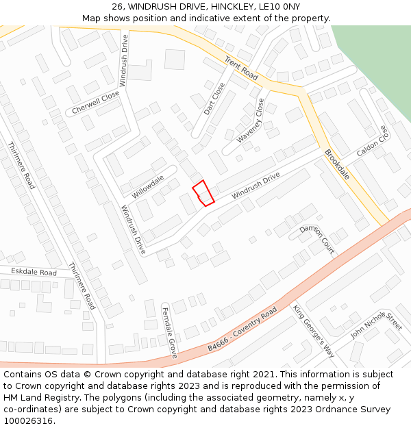 26, WINDRUSH DRIVE, HINCKLEY, LE10 0NY: Location map and indicative extent of plot