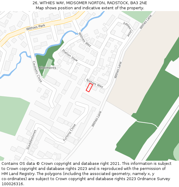 26, WITHIES WAY, MIDSOMER NORTON, RADSTOCK, BA3 2NE: Location map and indicative extent of plot