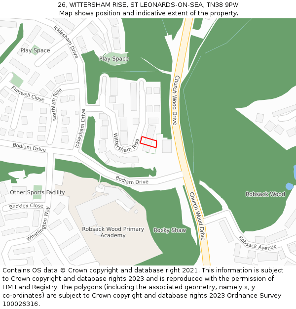 26, WITTERSHAM RISE, ST LEONARDS-ON-SEA, TN38 9PW: Location map and indicative extent of plot
