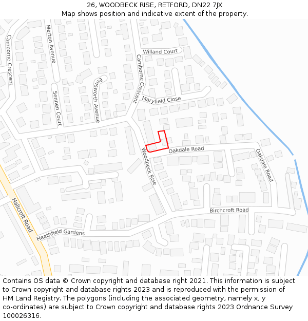 26, WOODBECK RISE, RETFORD, DN22 7JX: Location map and indicative extent of plot