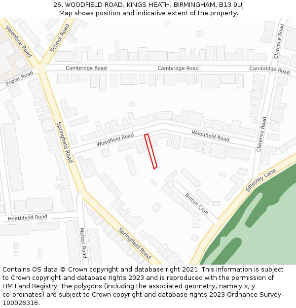 26, WOODFIELD ROAD, KINGS HEATH, BIRMINGHAM, B13 9UJ: Location map and indicative extent of plot