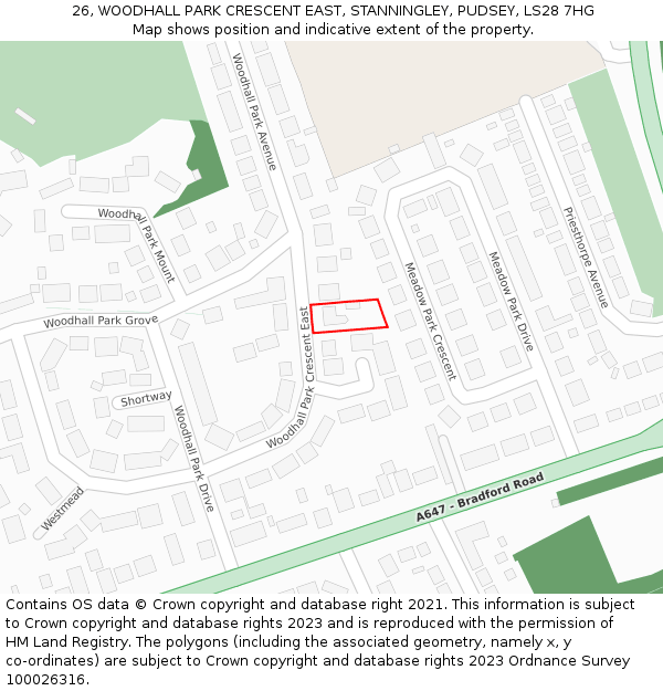 26, WOODHALL PARK CRESCENT EAST, STANNINGLEY, PUDSEY, LS28 7HG: Location map and indicative extent of plot