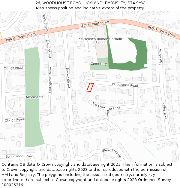26, WOODHOUSE ROAD, HOYLAND, BARNSLEY, S74 9AW: Location map and indicative extent of plot