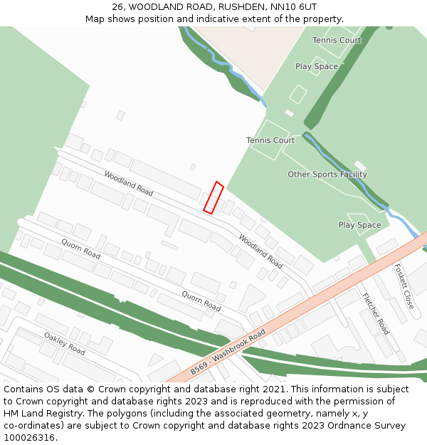 26, WOODLAND ROAD, RUSHDEN, NN10 6UT: Location map and indicative extent of plot