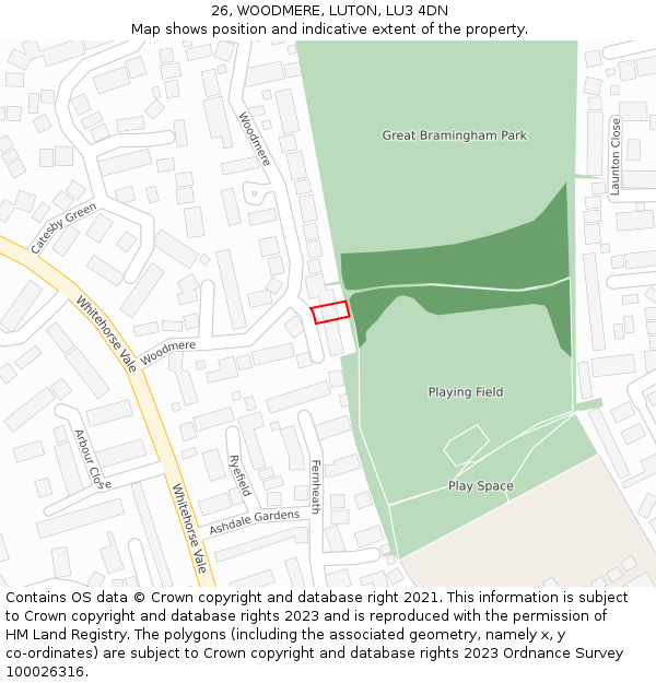 26, WOODMERE, LUTON, LU3 4DN: Location map and indicative extent of plot