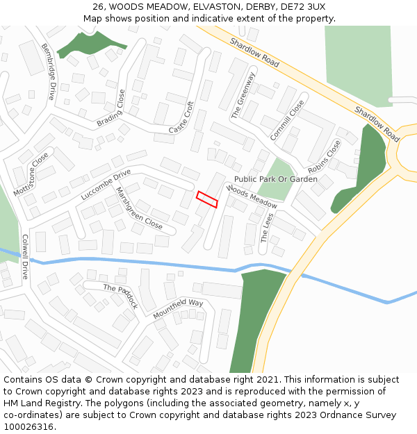 26, WOODS MEADOW, ELVASTON, DERBY, DE72 3UX: Location map and indicative extent of plot