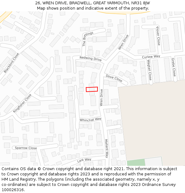 26, WREN DRIVE, BRADWELL, GREAT YARMOUTH, NR31 8JW: Location map and indicative extent of plot