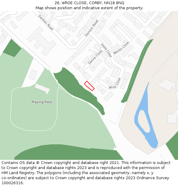 26, WROE CLOSE, CORBY, NN18 8NQ: Location map and indicative extent of plot