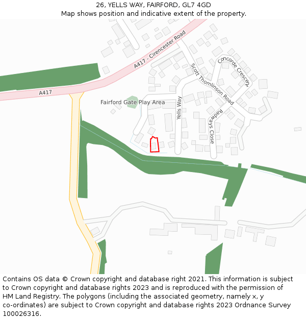 26, YELLS WAY, FAIRFORD, GL7 4GD: Location map and indicative extent of plot