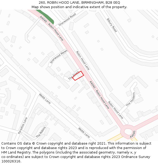 260, ROBIN HOOD LANE, BIRMINGHAM, B28 0EQ: Location map and indicative extent of plot