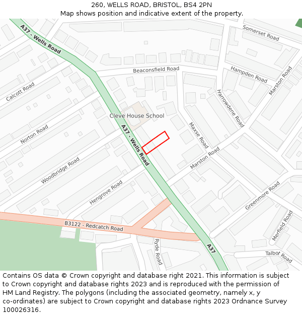 260, WELLS ROAD, BRISTOL, BS4 2PN: Location map and indicative extent of plot