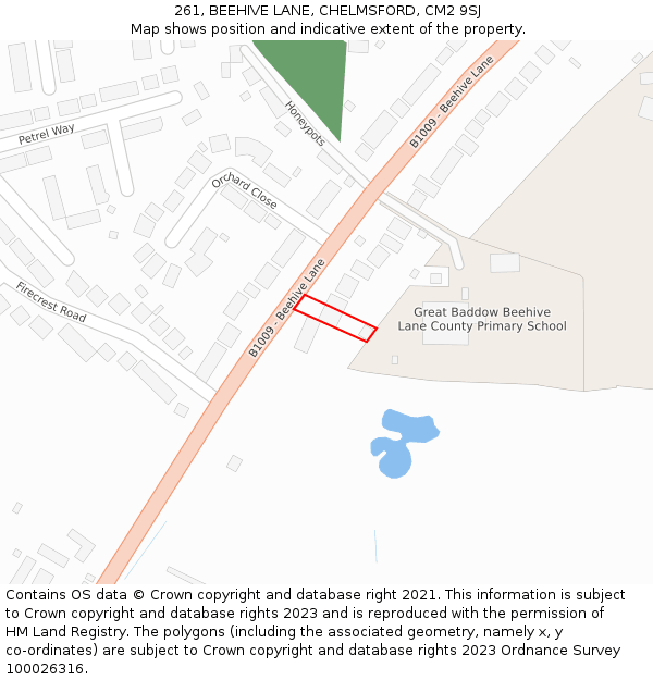 261, BEEHIVE LANE, CHELMSFORD, CM2 9SJ: Location map and indicative extent of plot