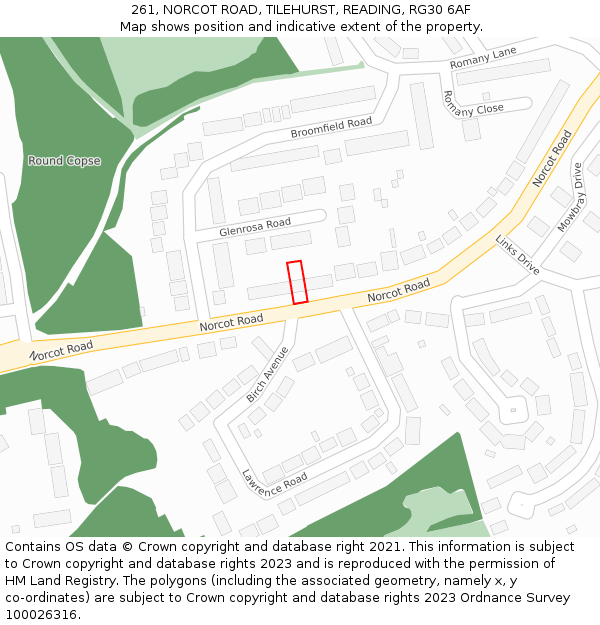 261, NORCOT ROAD, TILEHURST, READING, RG30 6AF: Location map and indicative extent of plot