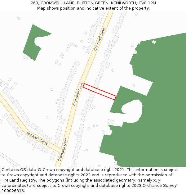 263, CROMWELL LANE, BURTON GREEN, KENILWORTH, CV8 1PN: Location map and indicative extent of plot