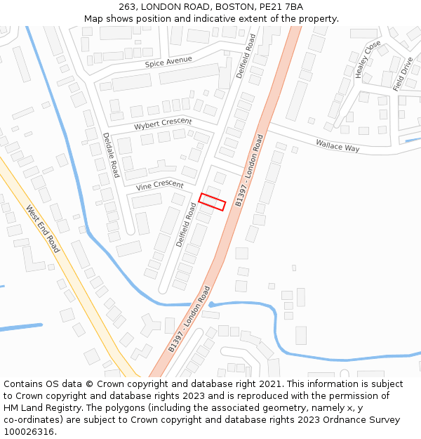 263, LONDON ROAD, BOSTON, PE21 7BA: Location map and indicative extent of plot