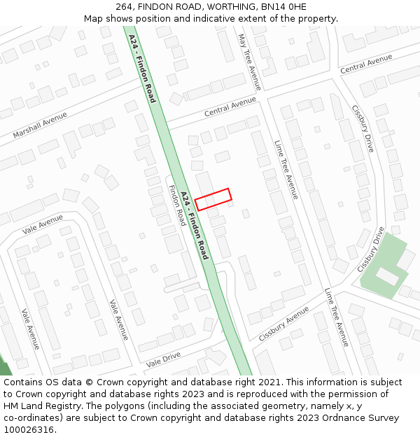264, FINDON ROAD, WORTHING, BN14 0HE: Location map and indicative extent of plot