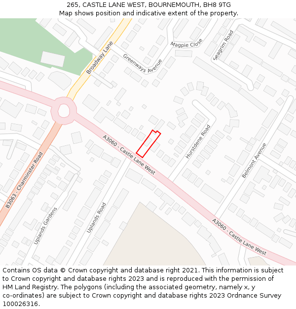 265, CASTLE LANE WEST, BOURNEMOUTH, BH8 9TG: Location map and indicative extent of plot