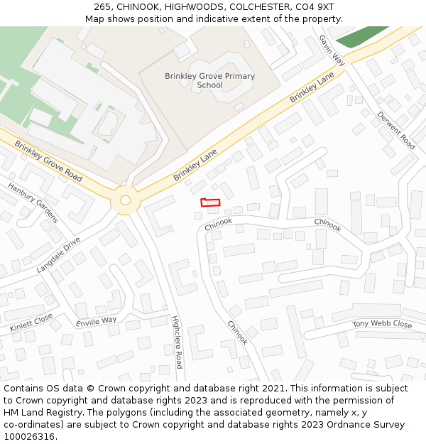 265, CHINOOK, HIGHWOODS, COLCHESTER, CO4 9XT: Location map and indicative extent of plot