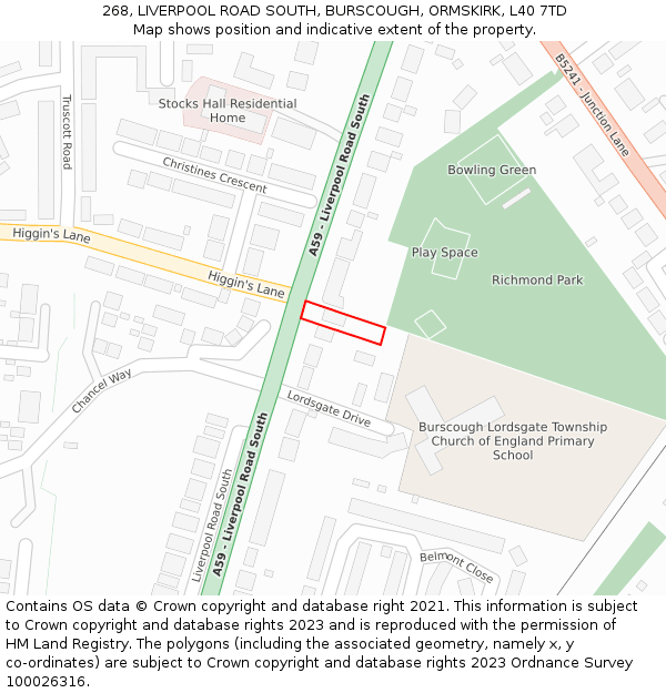 268, LIVERPOOL ROAD SOUTH, BURSCOUGH, ORMSKIRK, L40 7TD: Location map and indicative extent of plot