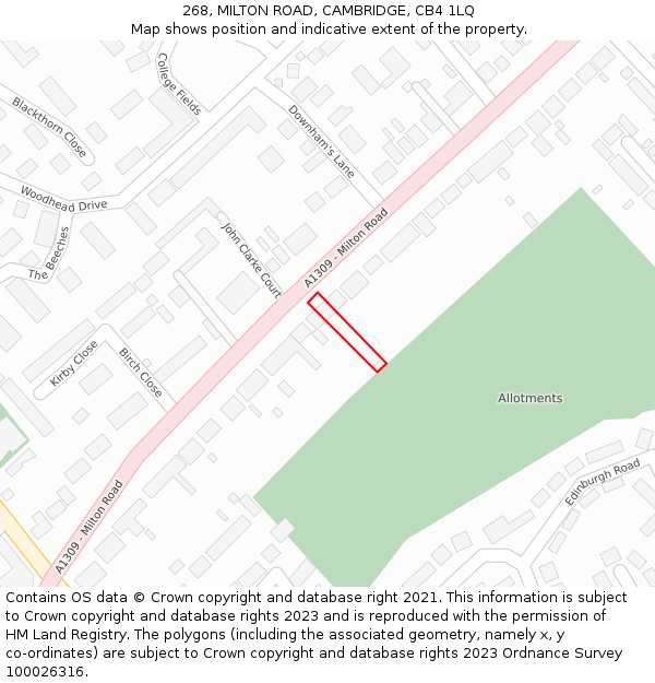 268, MILTON ROAD, CAMBRIDGE, CB4 1LQ: Location map and indicative extent of plot