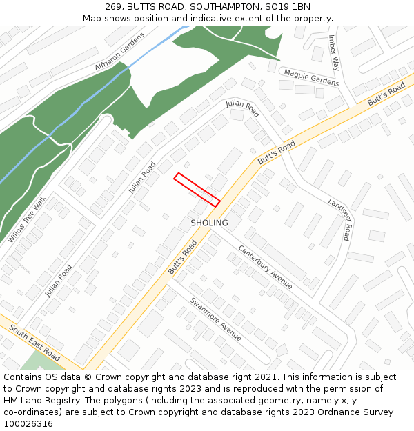 269, BUTTS ROAD, SOUTHAMPTON, SO19 1BN: Location map and indicative extent of plot
