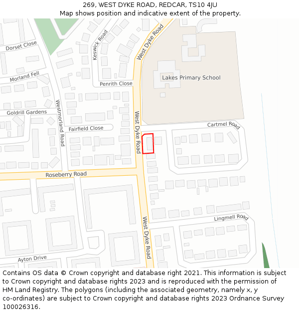 269, WEST DYKE ROAD, REDCAR, TS10 4JU: Location map and indicative extent of plot